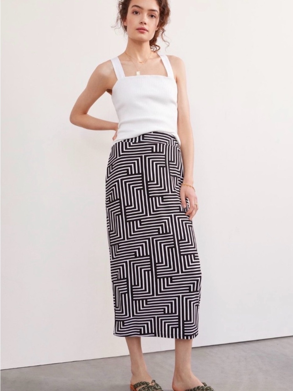 Anthropologie Black and White Geometric Midi Skirt